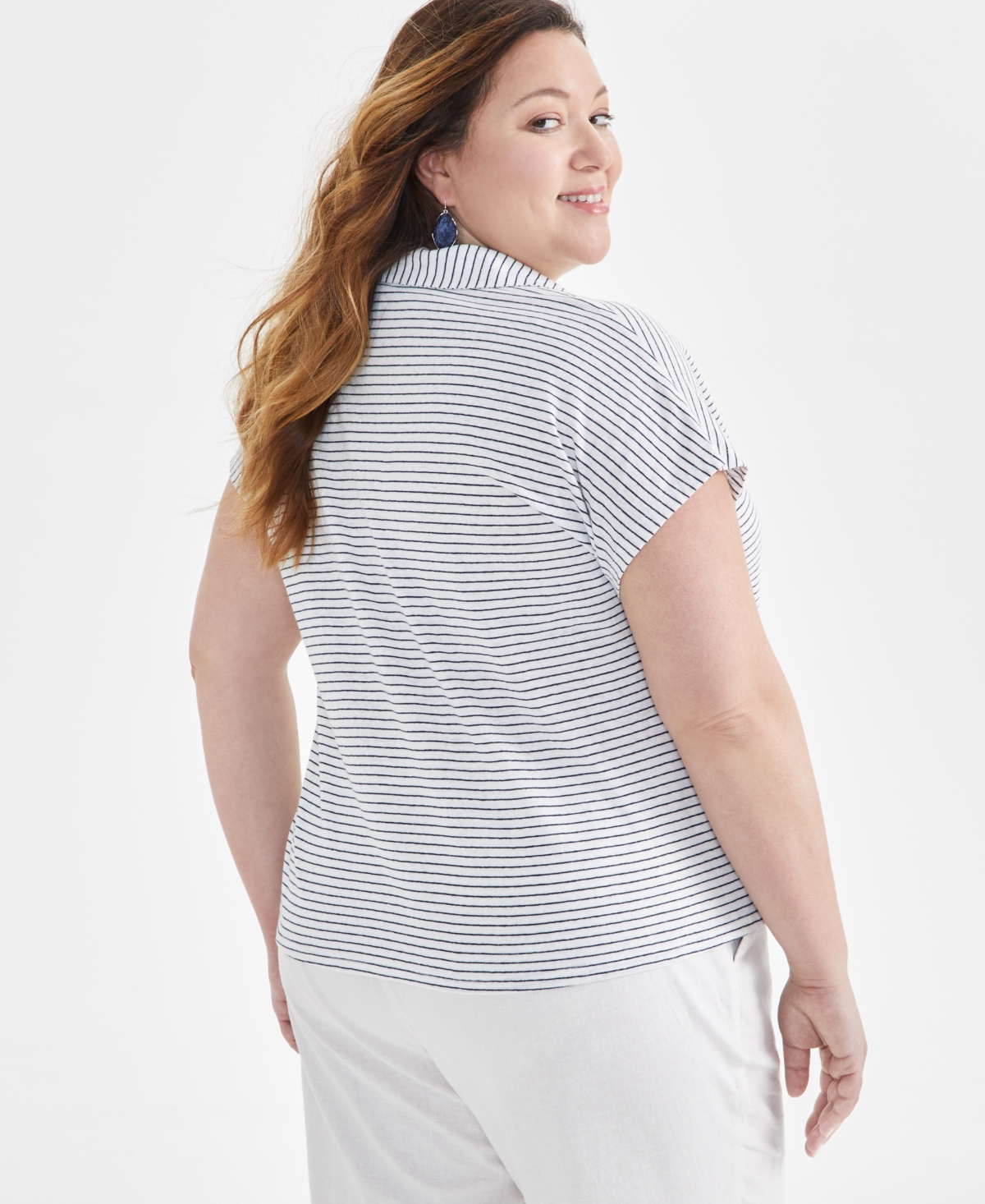 Style & Co Plus Size Stripe Linen Blend Polo T-Shirt, Created for Macy's