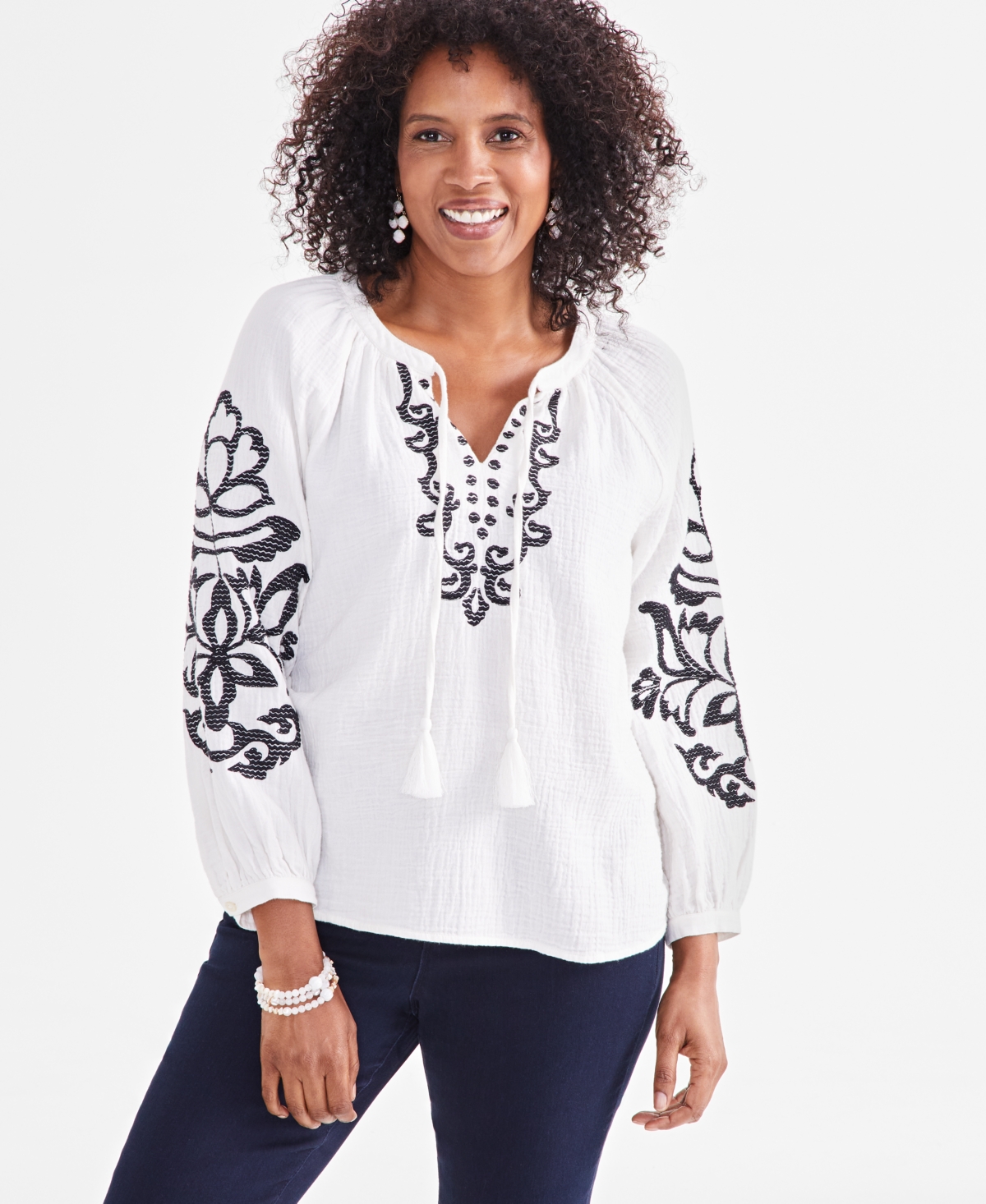 Women's Split-Neck Long-Sleeve Embroidery Peasant Blouse, Created for Macy's - White Black Embroidery