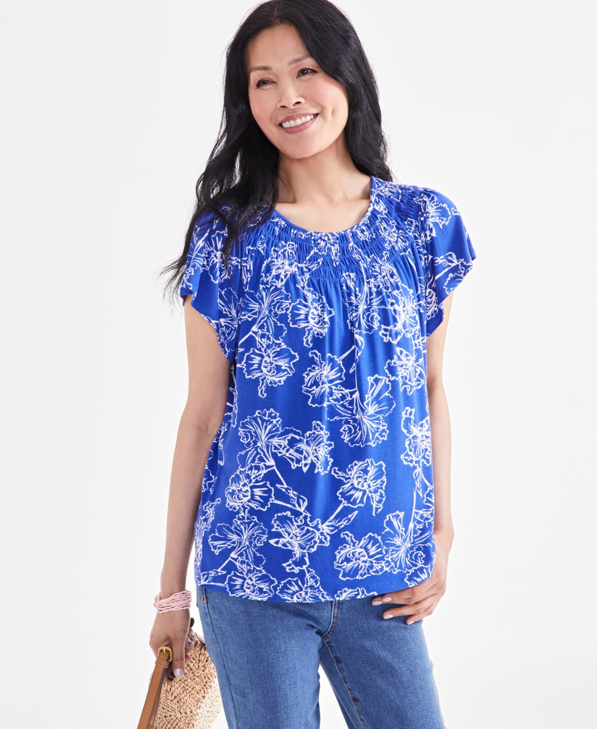 Petite Iris Dreams Printed Smocked-Neck Flutter-Sleeve Top, Created for Macy's - Iris Tulip