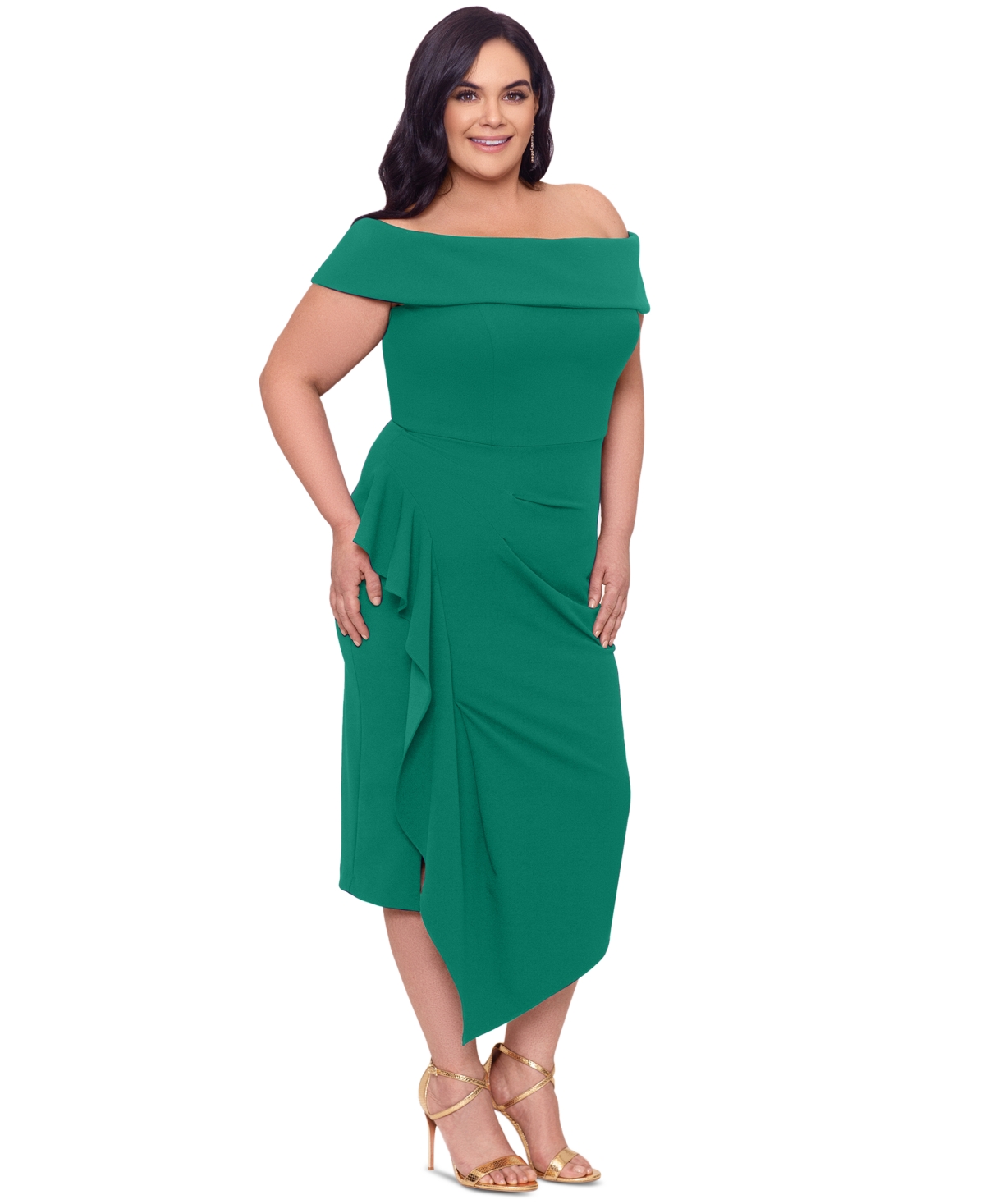 Shop Betsy & Adam Plus Size Off-the-shoulder Side-drape Midi Dress In Green