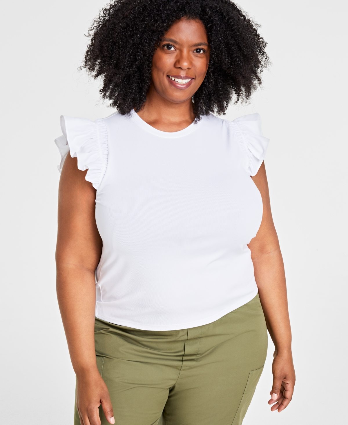 On 34th Trendy Plus Size Crewneck Flutter-sleeve Top, Created For Macy's In Bright White