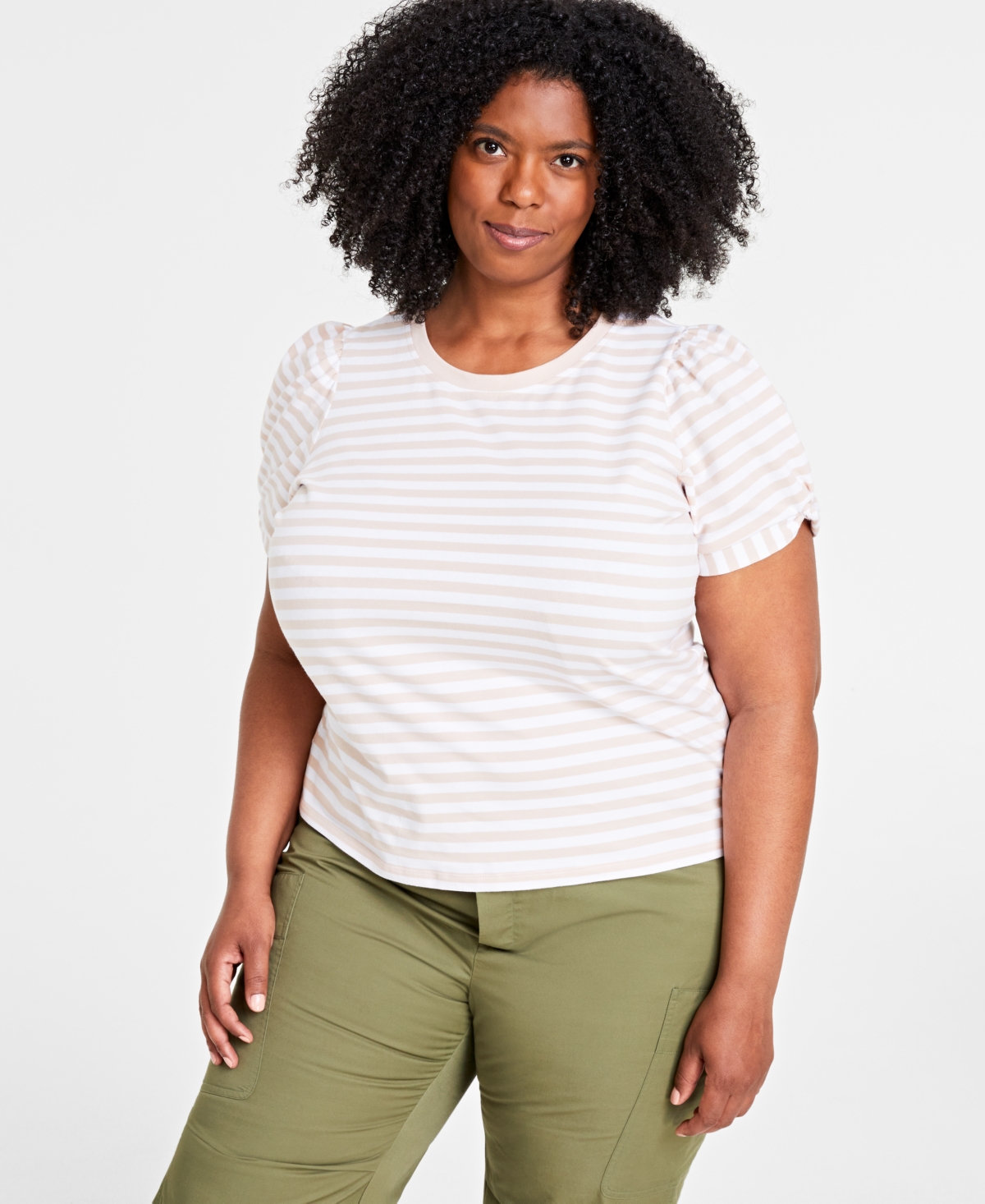 Macy's On 34th Trendy Plus Size Striped Knot-detail Puffed-sleeve Top, Created For  In Chai Cmb