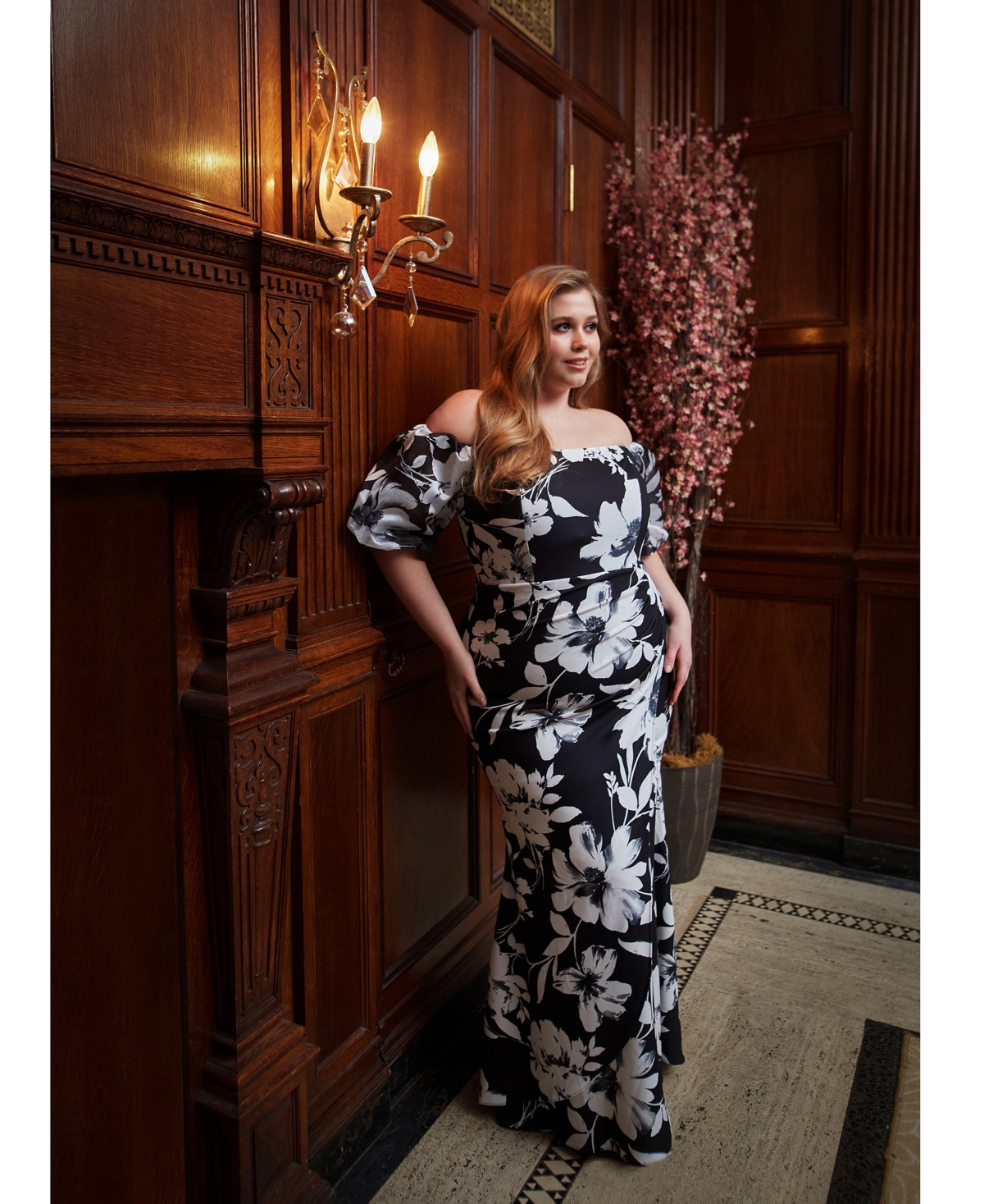 Shop Xscape Plus Size Floral Balloon-sleeve Off-the-shoulder Gown In Black,white