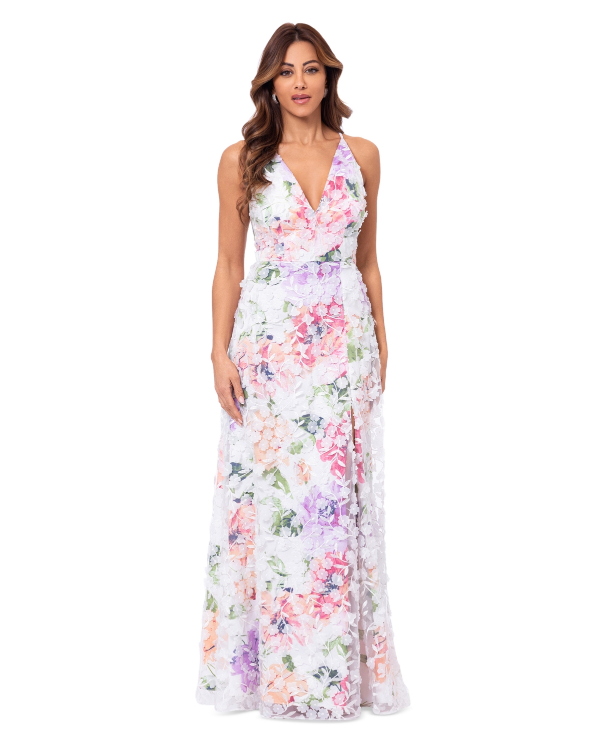 Women's 3D-Applique Floral-Print Gown - White/Pink/Green
