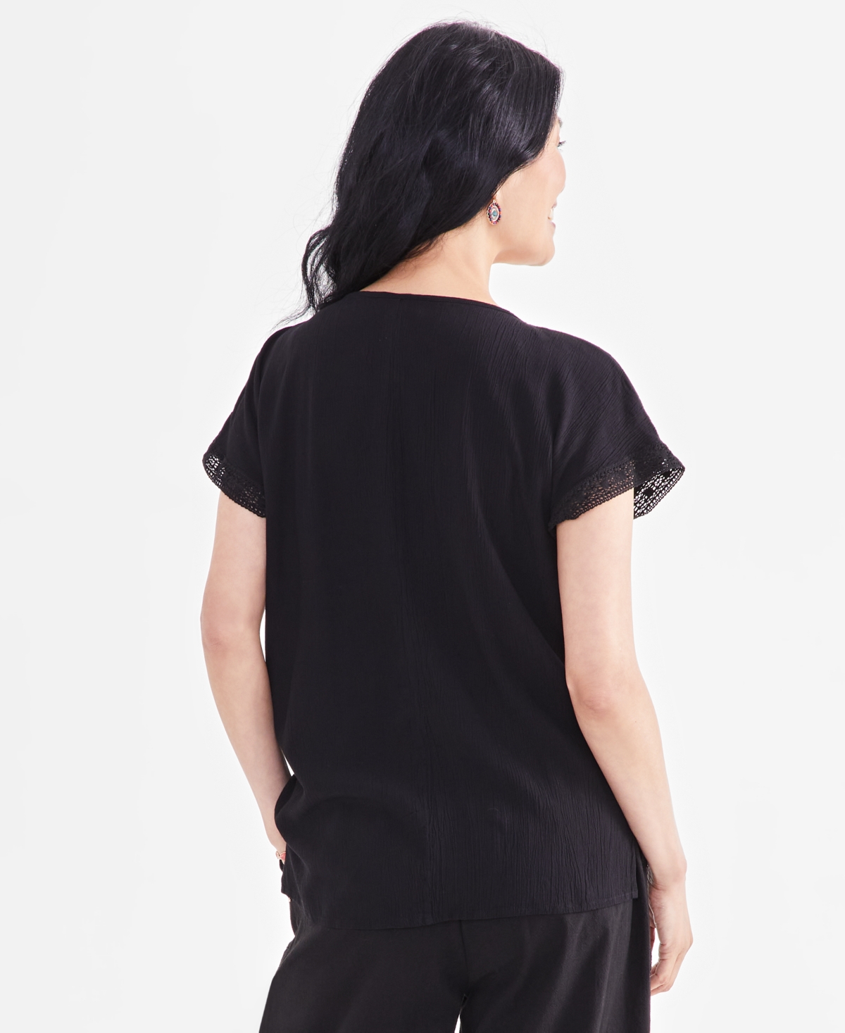 Style & Co Women's Round-Neck Crochet-Trim Dolman Top, Created for Macy's