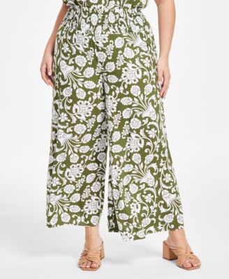 Vince Camuto - Plus Size Printed Smocked-Waist Wide Leg Pants