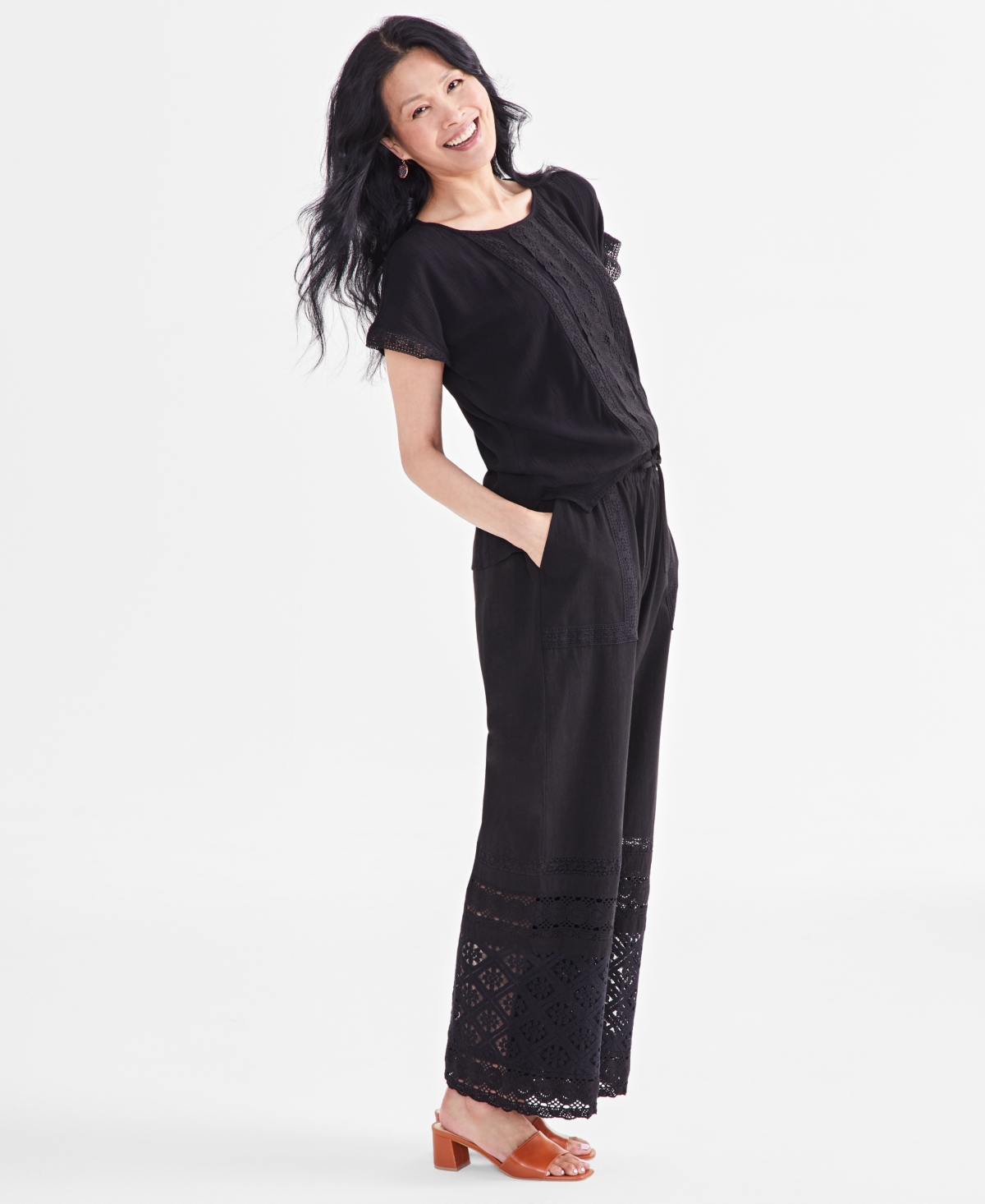 Style & Co Women's Cotton Crochet Wide-Leg Pull-On Pants, Created for Macy's