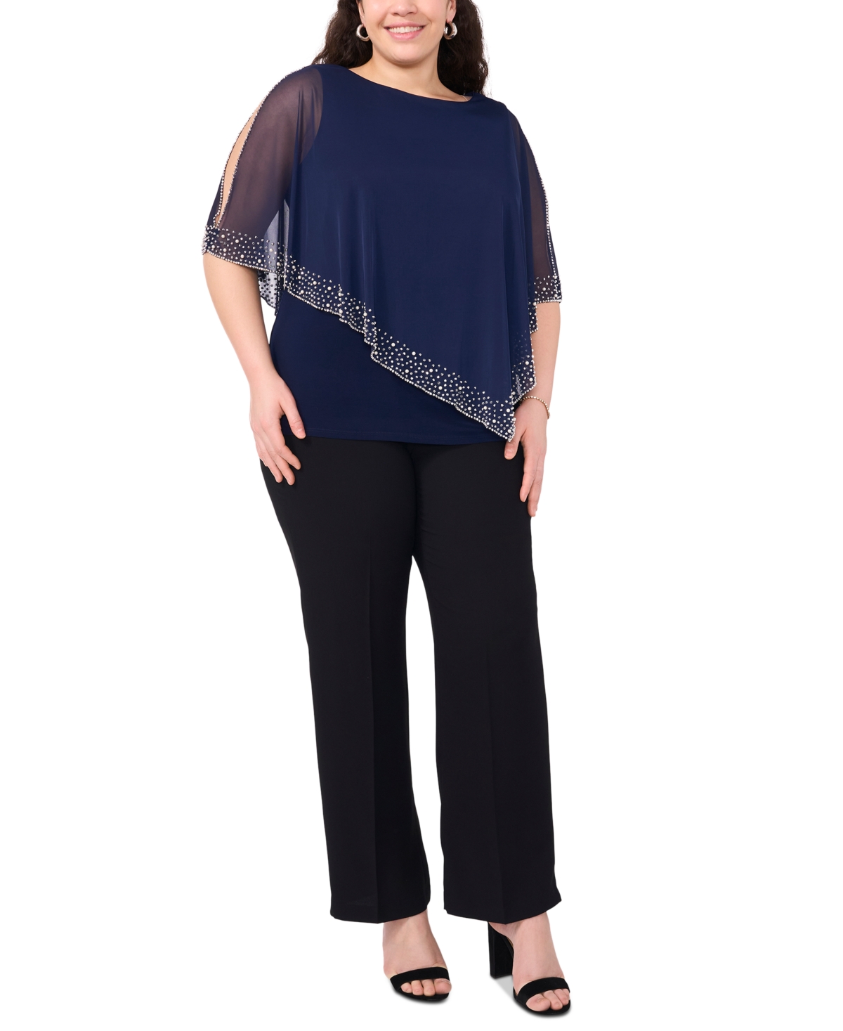 Plus Size Embellished Asymmetric Cape Overlay Top - Navy