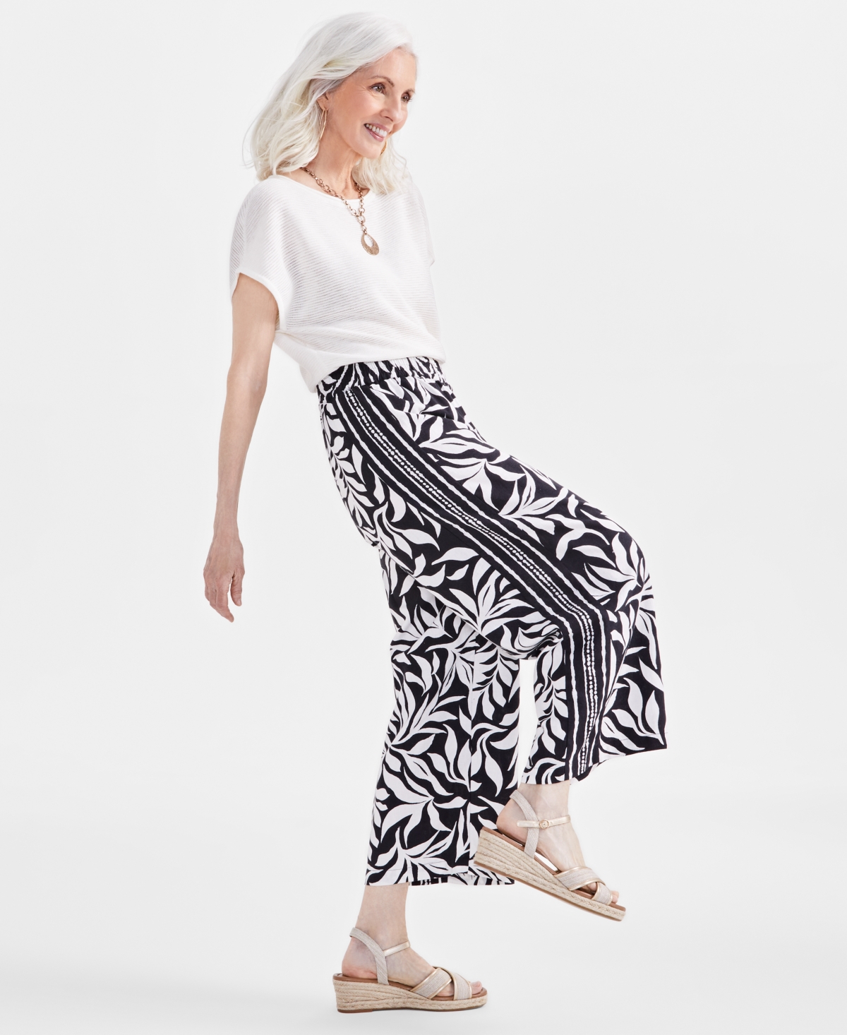 Style & Co Women's Printed Linen Blend Cropped Wide-Leg Pants, Created for Macy's
