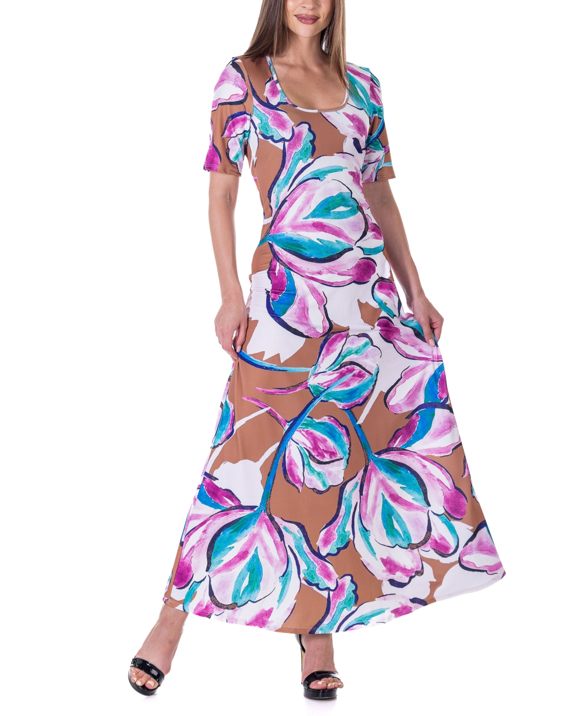 24seven Comfort Apparel Women's Print Elbow Sleeve Casual A Line Maxi Dress In Miscellane