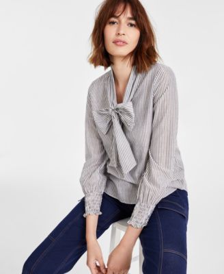 Anne Klein - Women's Tie-Neck Long-Sleeve Smocked-Cuff Top