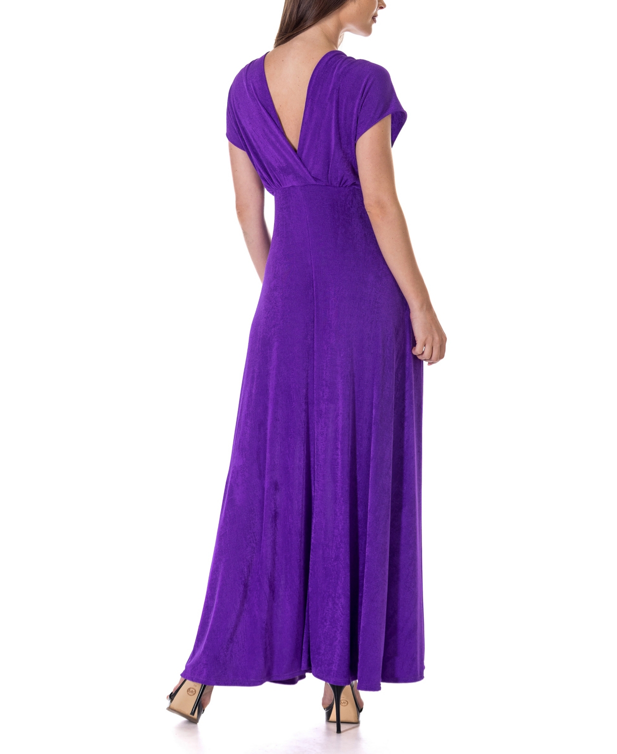 Shop 24seven Comfort Apparel Flutter Sleeve Metallic Knit Maxi Dress In Light Beig