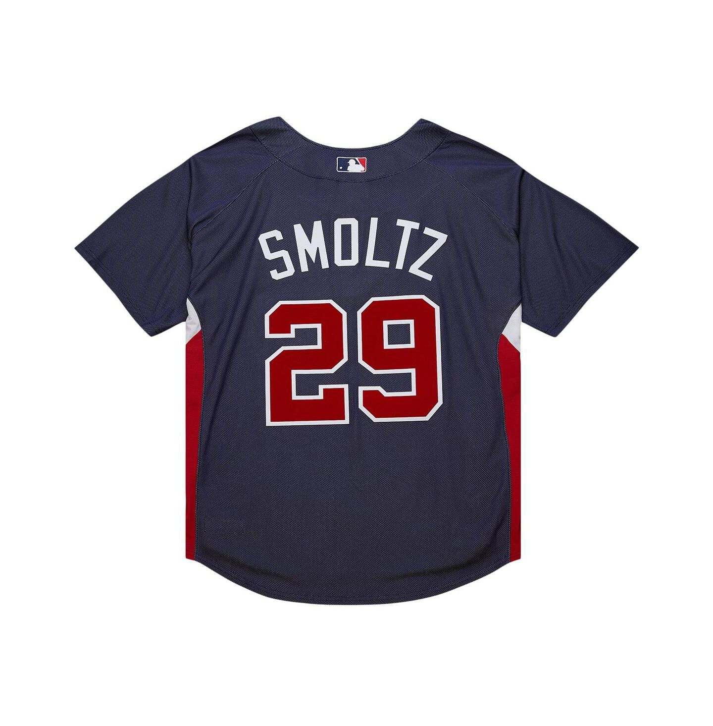 Мужской топ Mitchell & Ness Mitchell Ness John Smoltz Navy Atlanta Braves Cooperstown Collection Mesh Batting Practice Jersey — фото 2