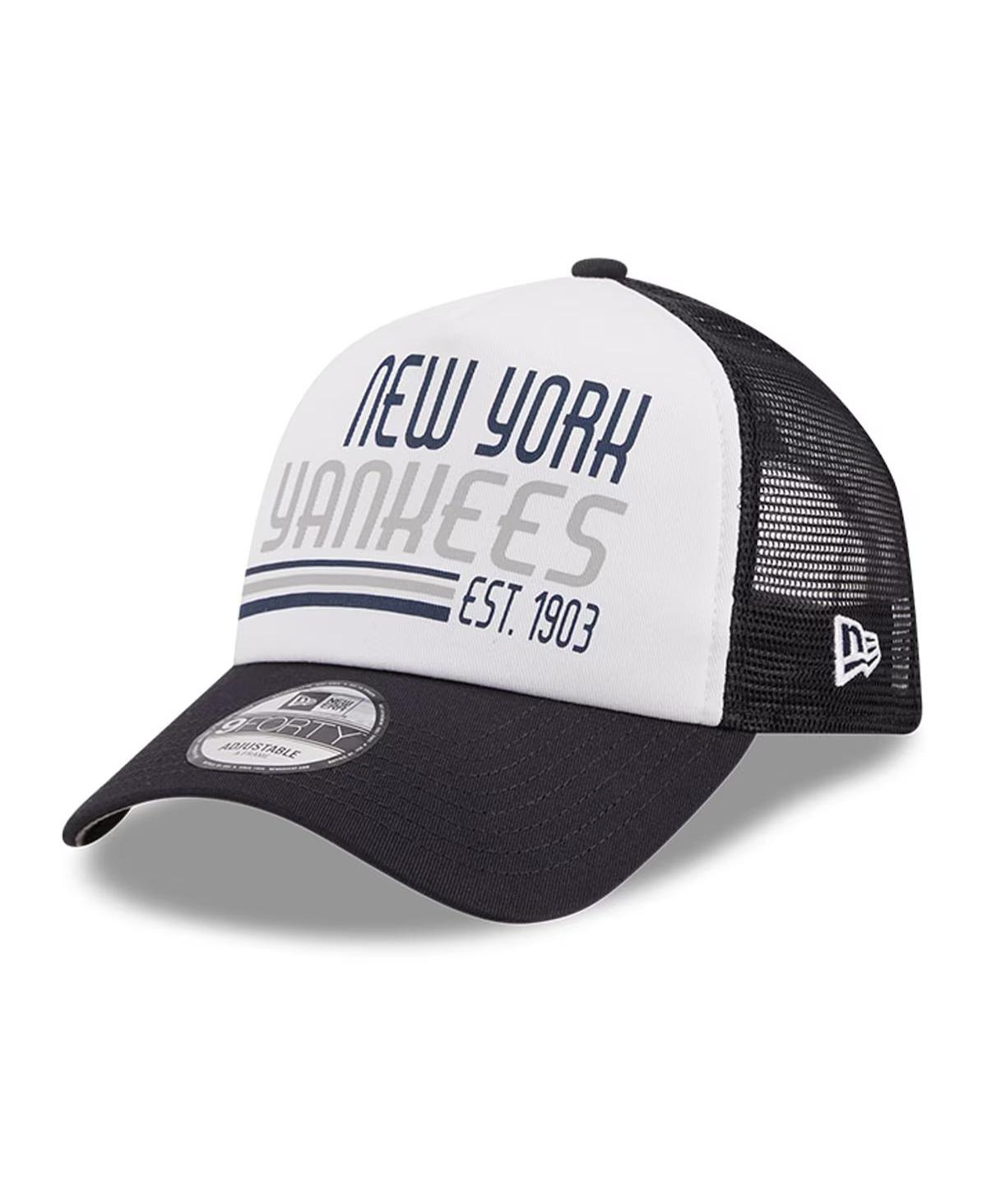 NEW ERA MEN'S WHITE/NAVY NEW YORK YANKEES STACKED A-FRAME TRUCKER 9FORTY ADJUSTABLE HAT 