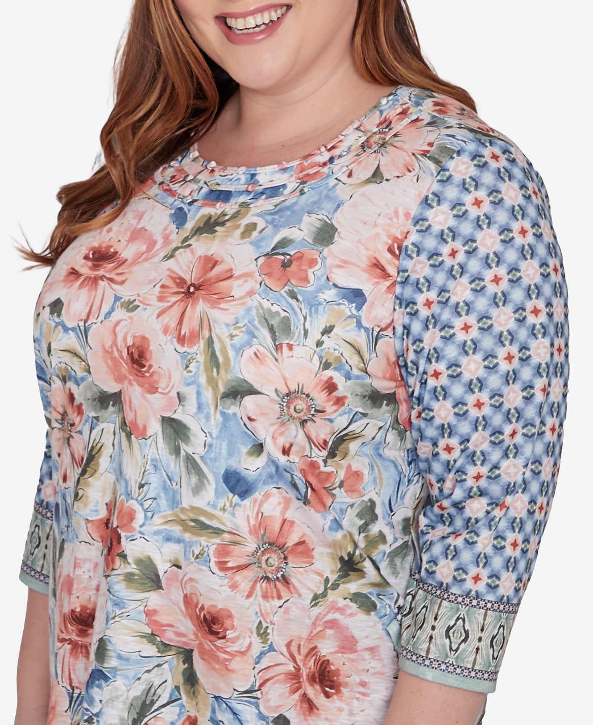 Shop Alfred Dunner Plus Size Scottsdale Floral Geometric Triple Knot Top In Multi