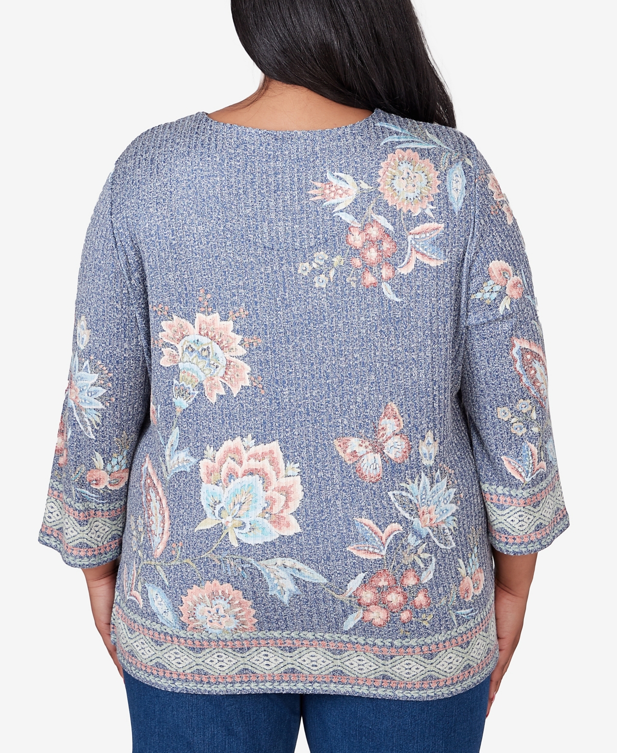 Alfred Dunner Plus Size Scottsdale Floral Border Split Neck Top