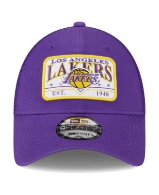 Men's Purple Los Angeles Lakers Plate Oversized Patch Trucker 9Forty Adjustable Hat