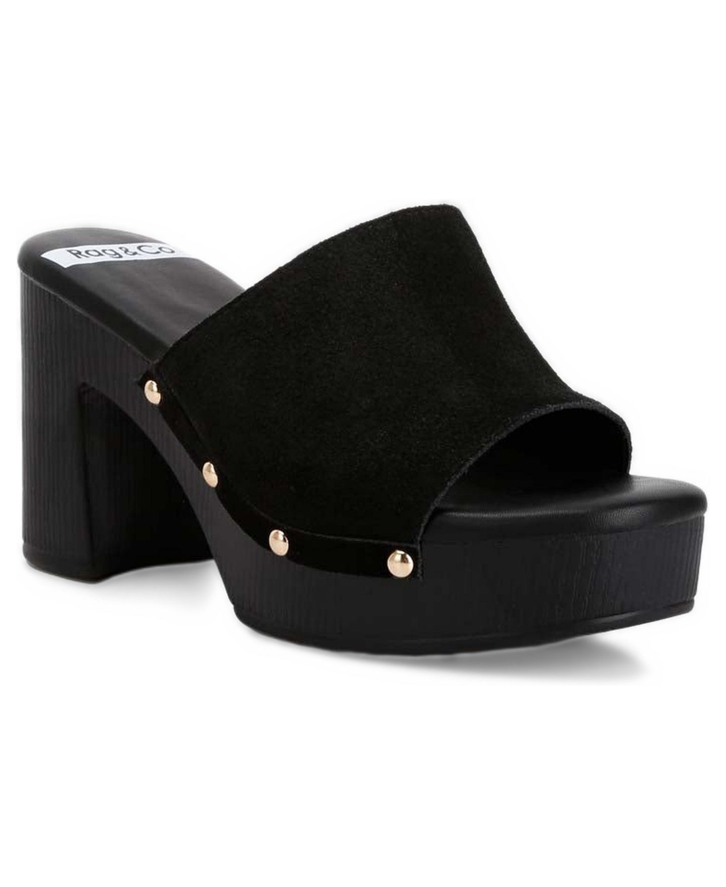 Женские сабо Rag & Co Cartera Soft Suede High Block Heel, цвет: Чёрный замшевый кожаный — фото 1