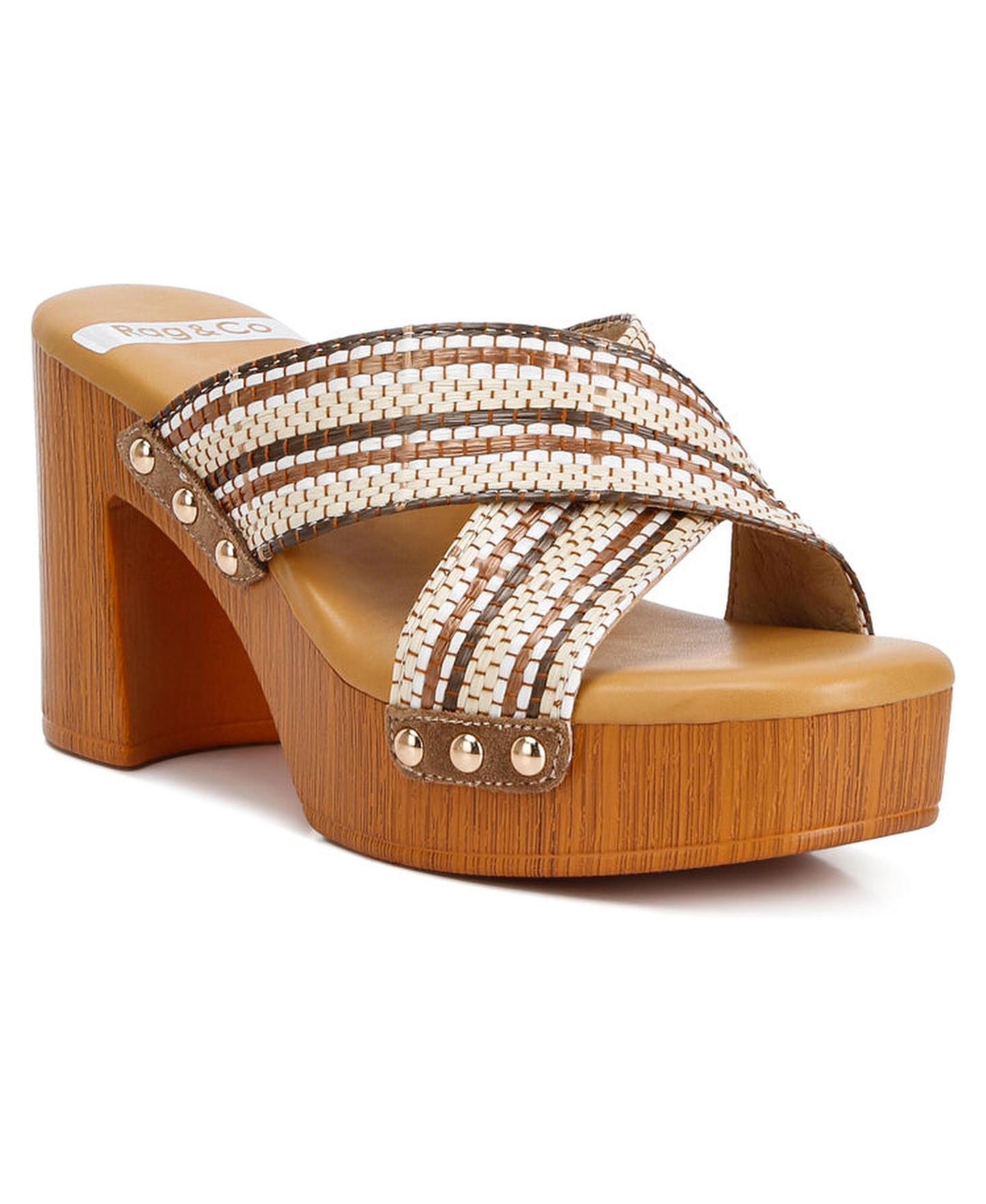 Женские сабо Rag & Co Finley Raffia High Block Heel, цвет: Бежевый / Хаки — фото 11