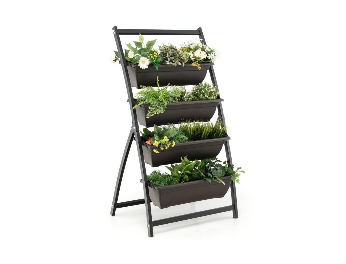 4-Tier Vertical Raised Garden Bed with 4 Containers and Drainage Holes - Brown