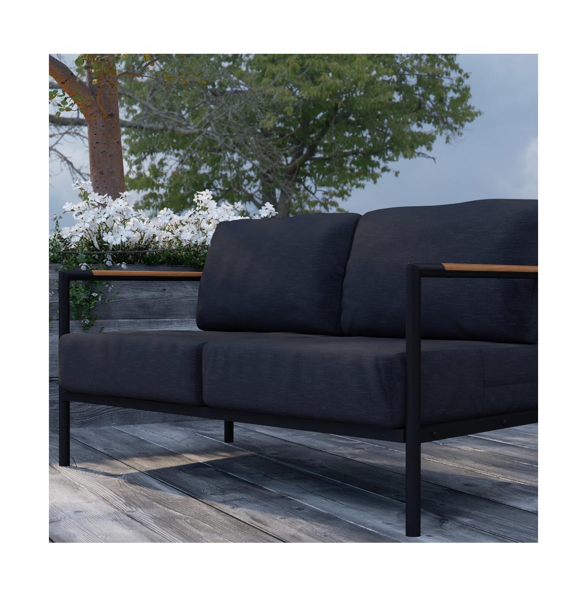Eastport Outdoor Loveseat With Removable Plush Fabric Cushions And Teak Accented Aluminum Frame