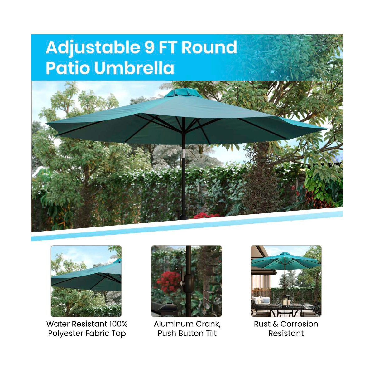 Hampstead Seven Piece Faux Teak Patio Dining Set Includes Table, Four Club Chairs, 9' Patio Umbrella And Base