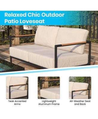 Eastport Outdoor Loveseat With Removable Plush Fabric Cushions And Teak Accented Aluminum Frame