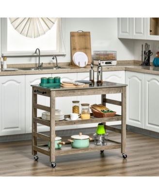 Rolling Kitchen Cart with Stainless Steel Countertop and 2 Open Shelves