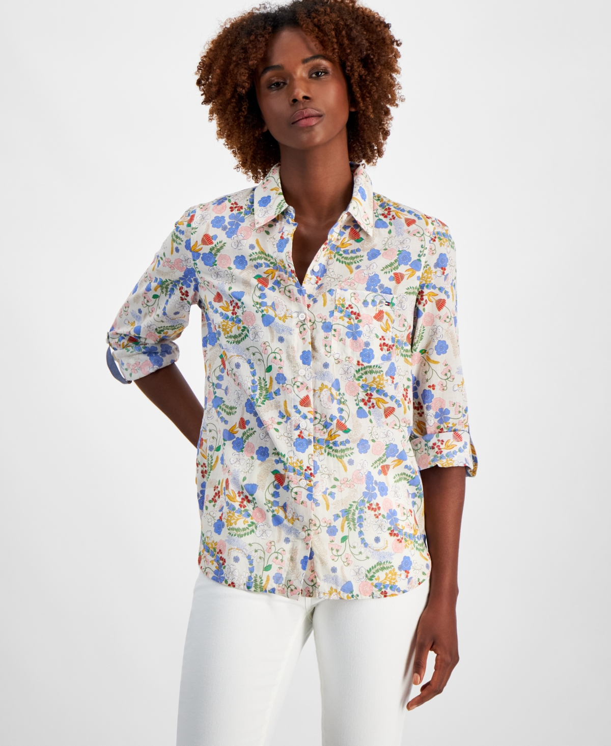 Tommy Hilfiger Women's Cotton Floral-Print Roll-Tab Shirt