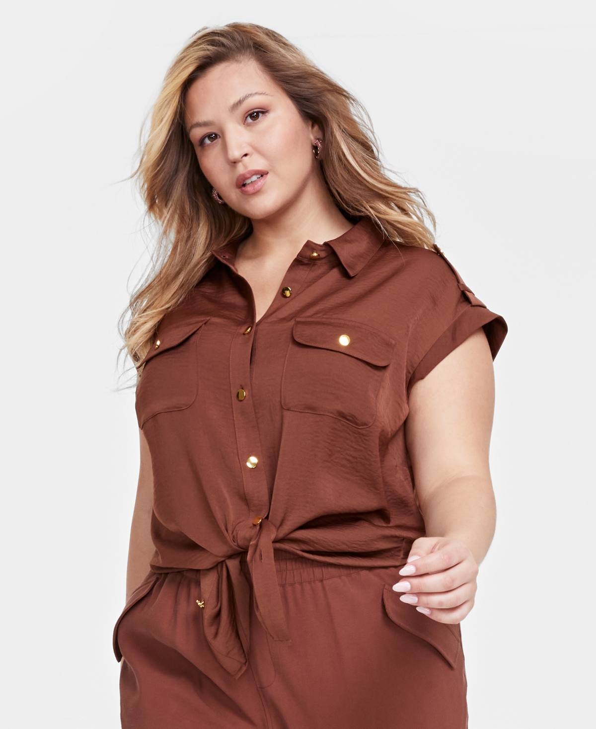 I.n.c. International Concepts Plus Size Button-Down Utility Blouse, Created for Macy's