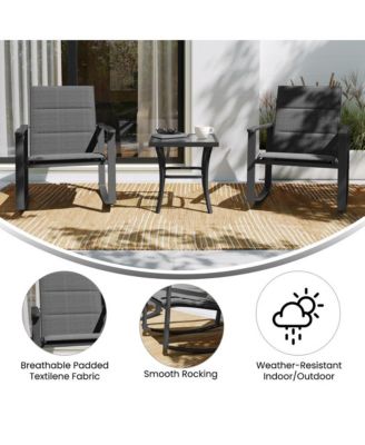 Brevyn 3 Piece Outdoor Bistro Set With Flex Comfort Rocking Chairs And Steel Framed Glass Top Table