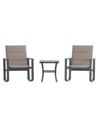 Brevyn 3 Piece Outdoor Bistro Set With Flex Comfort Rocking Chairs And Steel Framed Glass Top Table