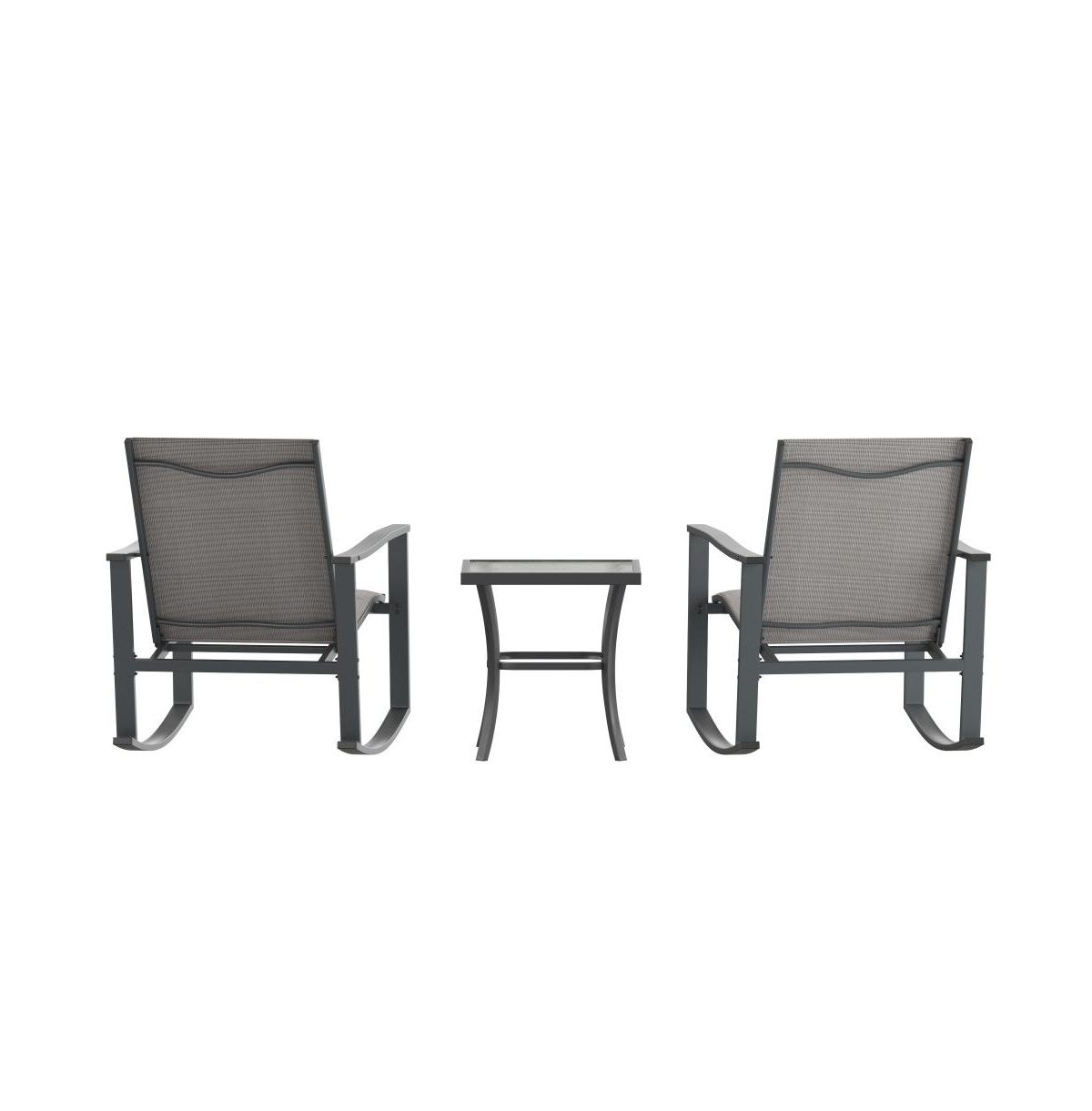 Brevyn 3 Piece Outdoor Bistro Set With Flex Comfort Rocking Chairs And Steel Framed Glass Top Table -black