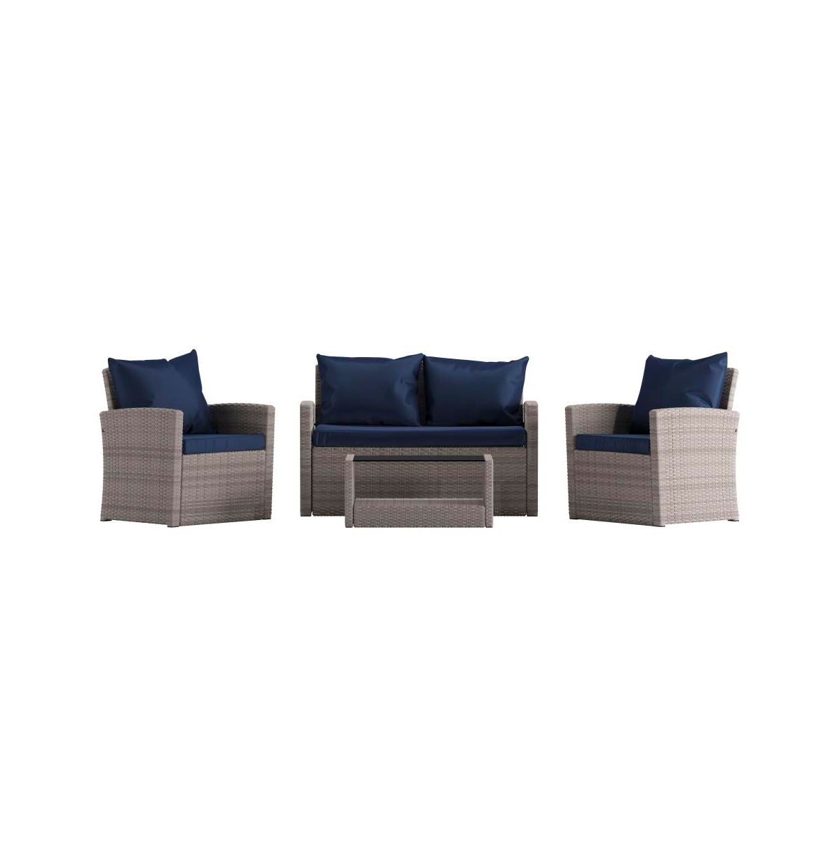 Atlas 4 Piece Patio Set Contemporary Loveseat, 2 Chair And Coffee Table Set With Back Pillows And Seat Cushions -navy