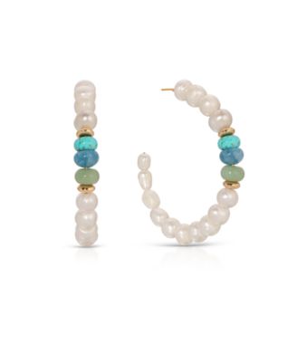 Freshwater Pearl Beaded Mixed Gemstone Hoop Earrings