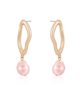 Open Circle 18k Gold Plated and Pink Freshwater Pearl Dangle Earrings