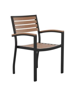 Set Of Two Aluminum Stacking Chairs With Faux Teak Slatted Back And Seat And Faux Teak Accented Arms