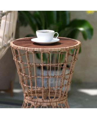 Ari All-Weather Faux Rattan Rope Patio Table With Acacia Wood Top For Indoor And Outdoor Use