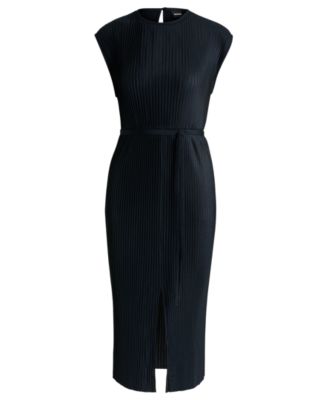 Women's High-Shine Pliss&eacute; Belted Sleeveless Dress