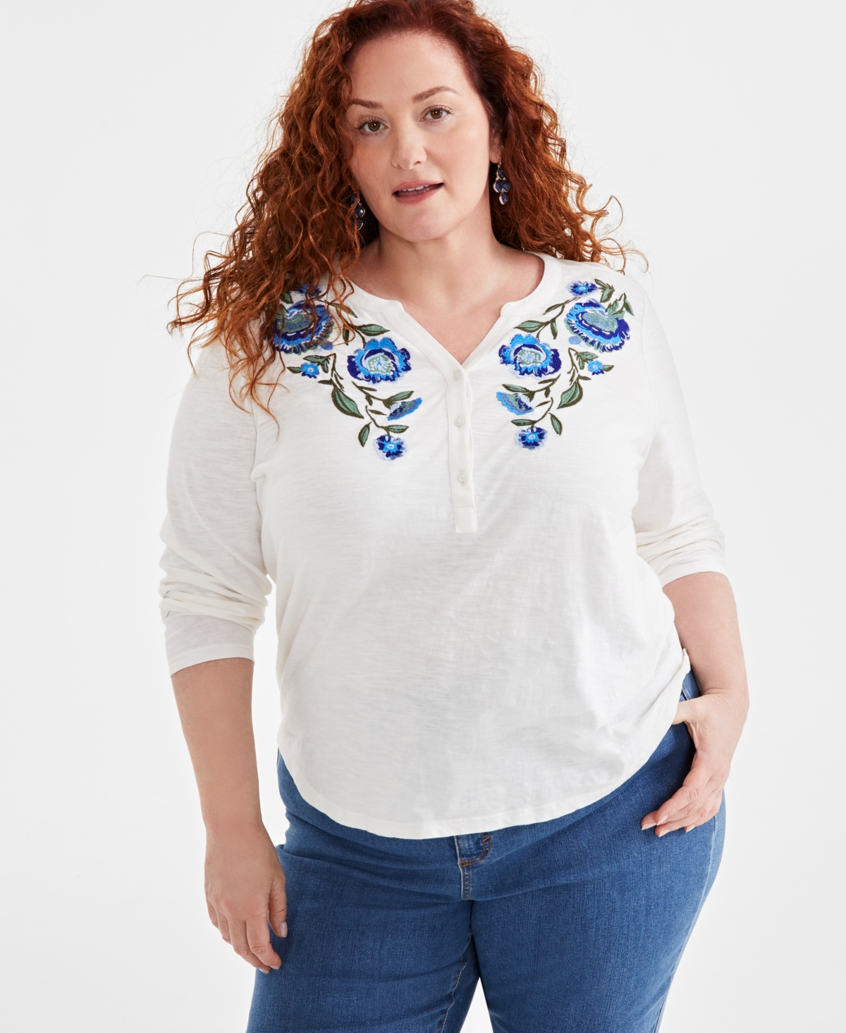 Style & Co Plus Size Floral-Embroidered Henley Top, Created for Macy's