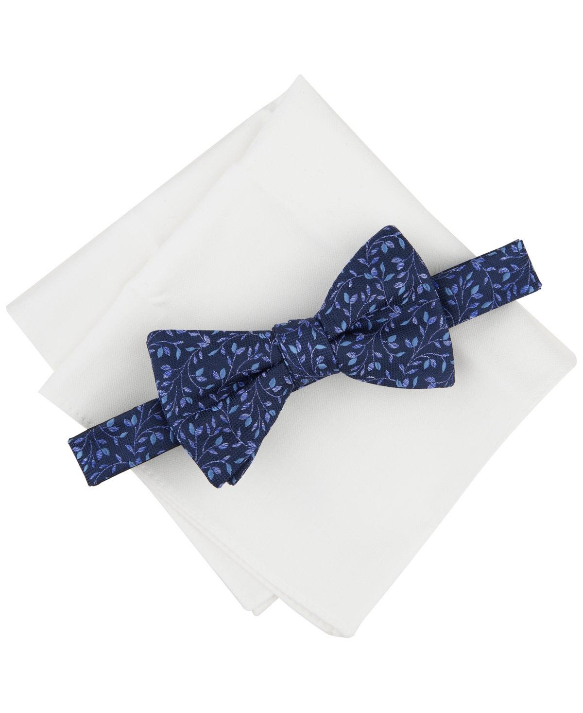 Men's Powell Vine Bow Tie & Solid Pocket Square Set, Created for Macy's - Navy