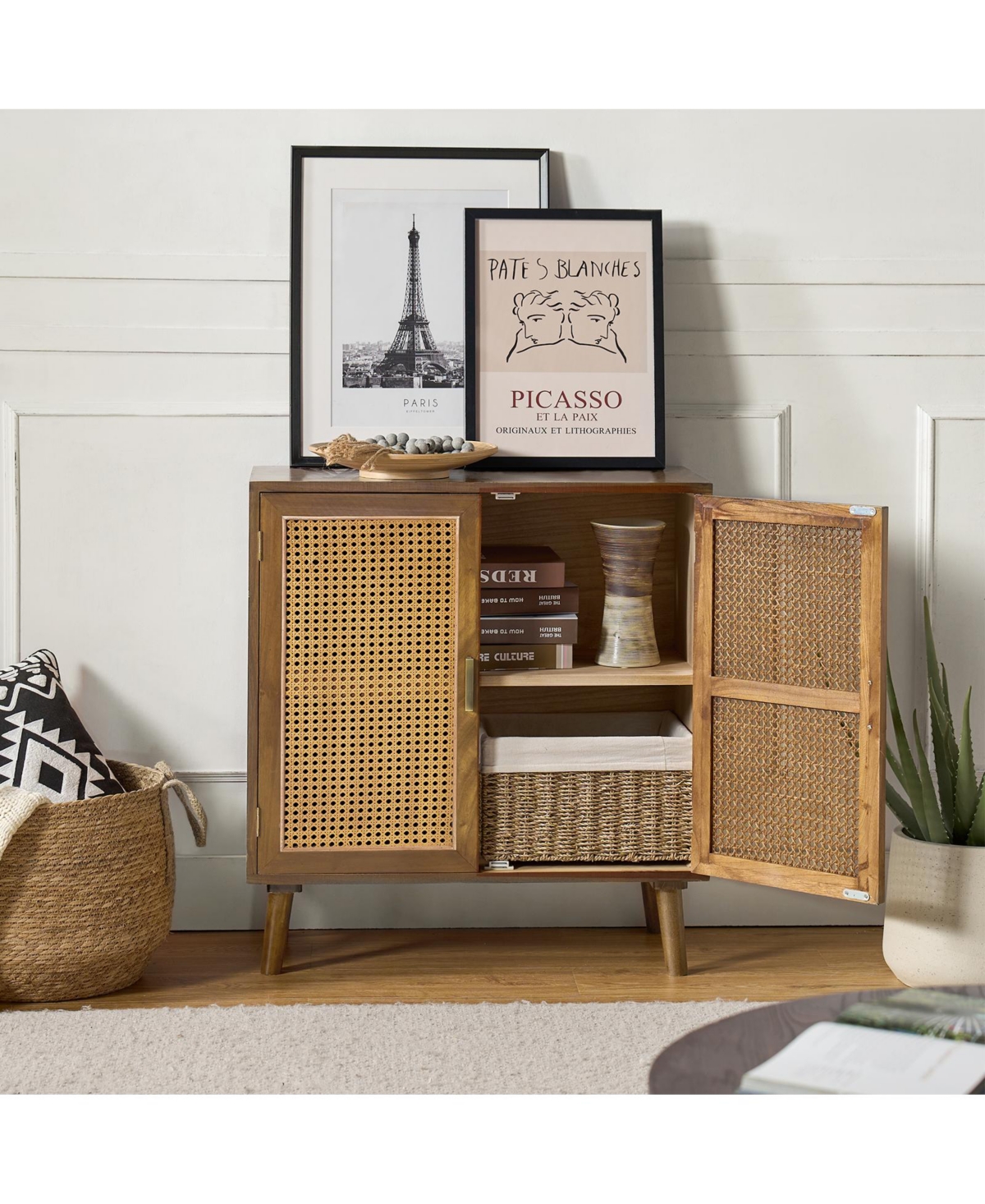 Hulala Home Accent Storage Rattan Cabinet Cupboard Console Table for Dining Room