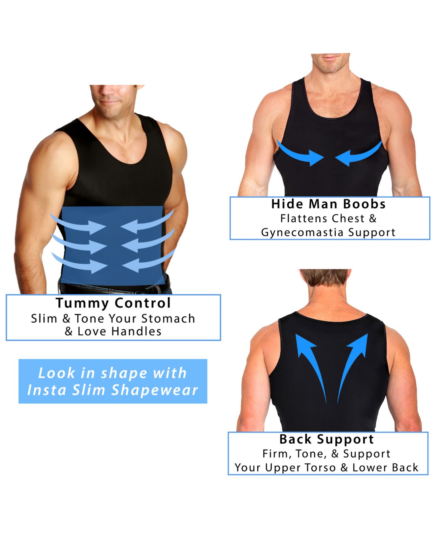 Мужские компрессионные майки-борцовки Instaslim Insta Slim Big & Tall, набор из 3 шт, цвет: Чёрный — фото 6
