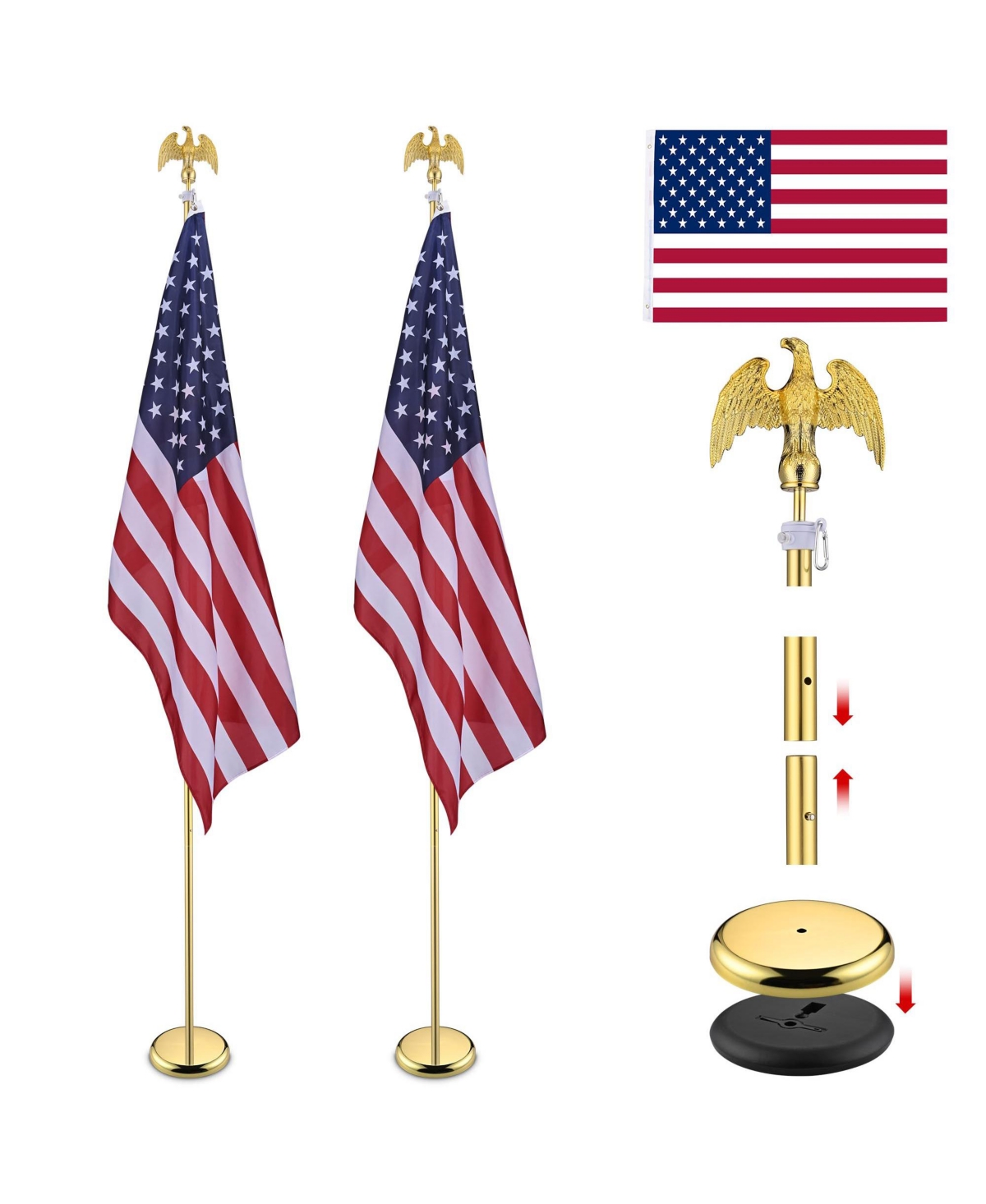 2 Pack 8 Ft Sectional Flag Pole Kit Golden Eagle Finial 3x5 Ft Us Flag with Embroidered Stars Indoor - Gold