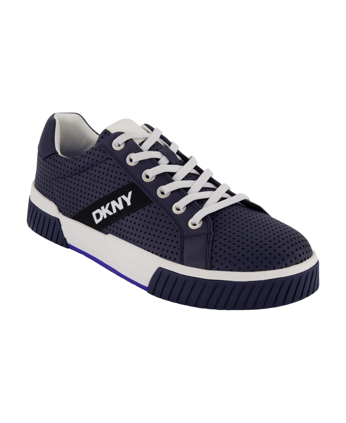 Shop Dkny Men's Perforated Two-tone Branded Sole Racer Toe Sneakers In Navy