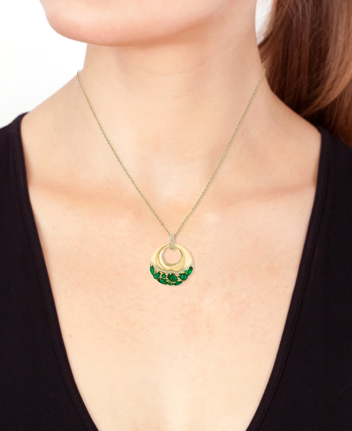 Effy Collection Effy Emerald (1-7/8ct. T.w.) & Diamond (1/6 Ct. T.w.) Cluster Polished Circle 18" Pendant Necklace I In Yellow Gol