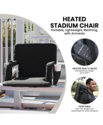 heated reclining with armrests, padded polyester, portable stadium chair with dual pockets and backpack straps.