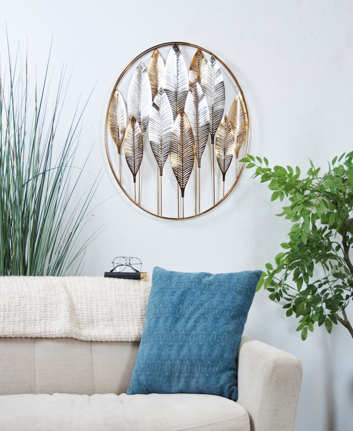 Rosemary Lane Gold Metal Leaf Metallic Wall Decor With Circular Frame And Silver Accents, 26" X 2" X 26" In Gold
