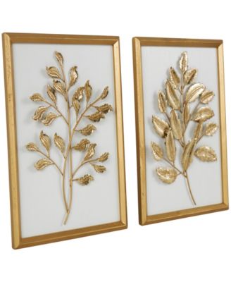 Gold Wood Leaf 3D Wall Decor with Beveled Frame, Set of 2 13"W, 17"H