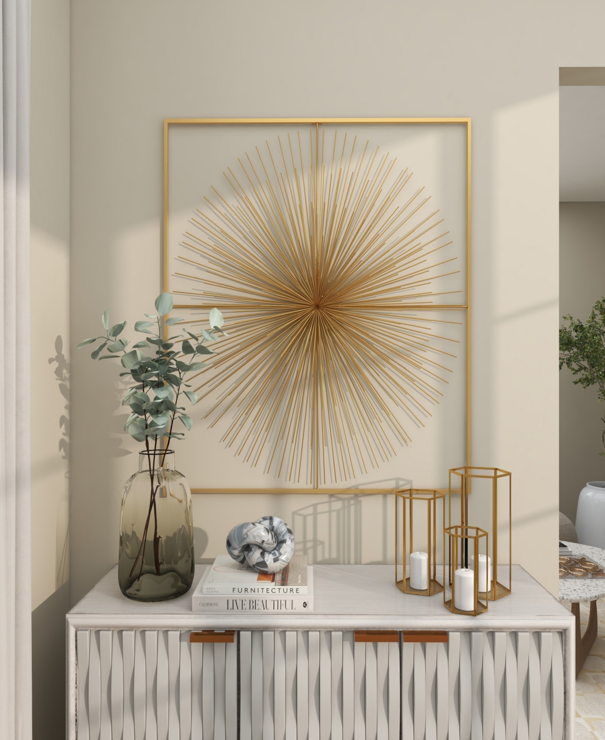 Cosmoliving By Cosmopolitan Gold Metal Starburst Large 3d Wall Decor With Square Frame, 36" X 3" X 36" In Gold